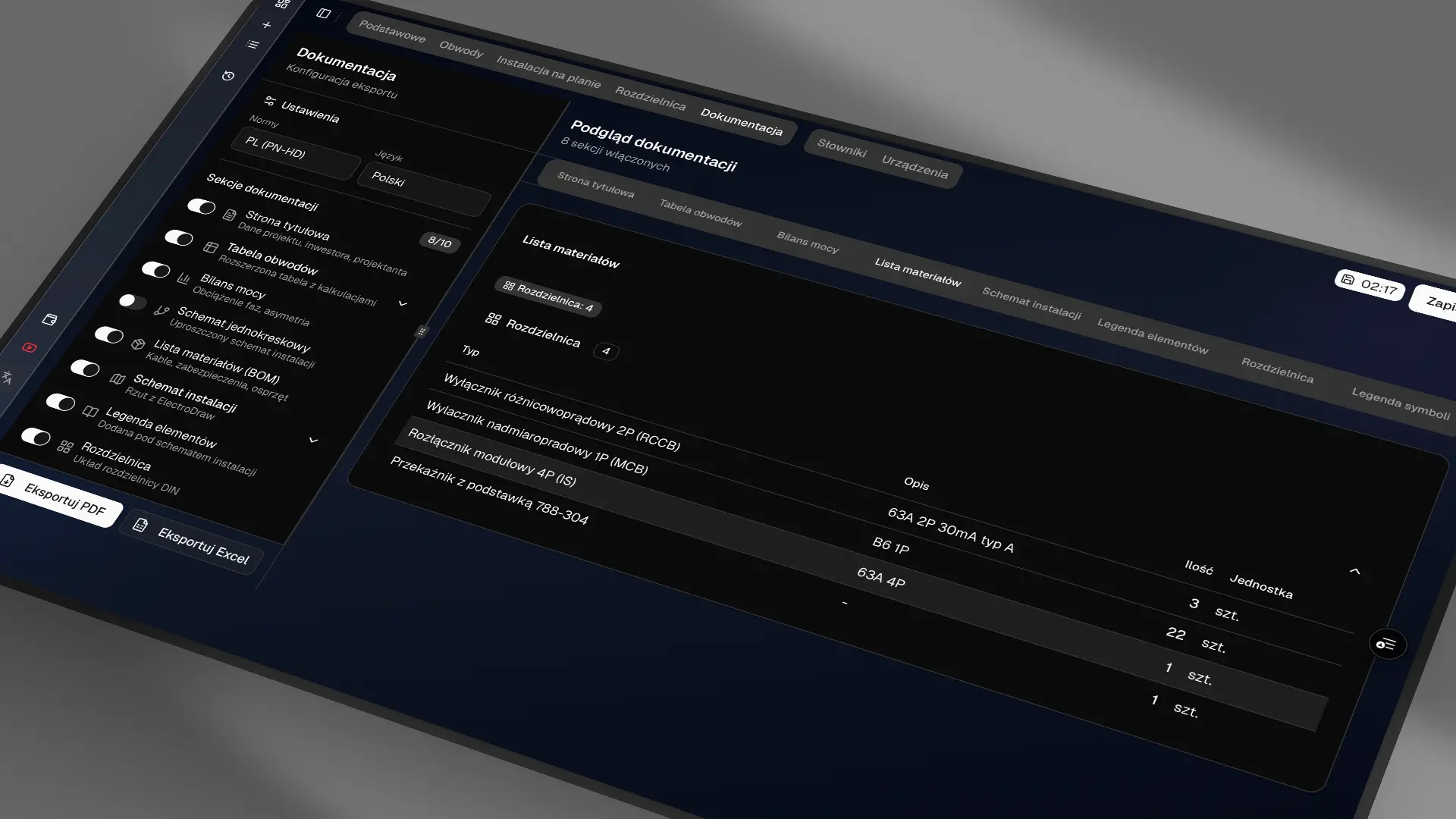 Eksport projektu instalacji elektrycznej do PDF - dokumentacja dla elektryka