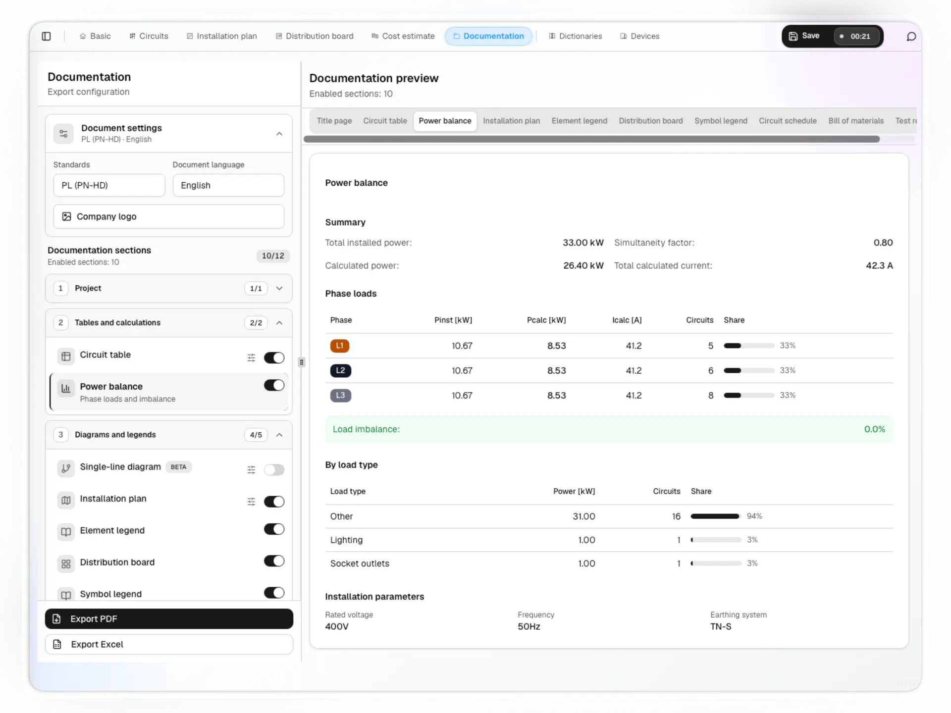 Electro Planner screenshot showing PDF export for electrical installation documentation